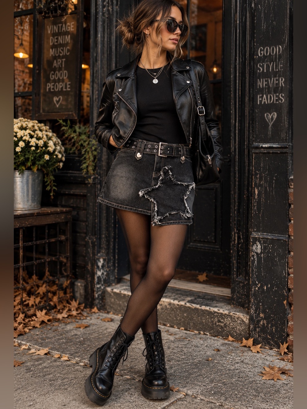 Kisadoo NWT Y2K Black Denim Star Patch Mini Skirt Belted XL Runs Small